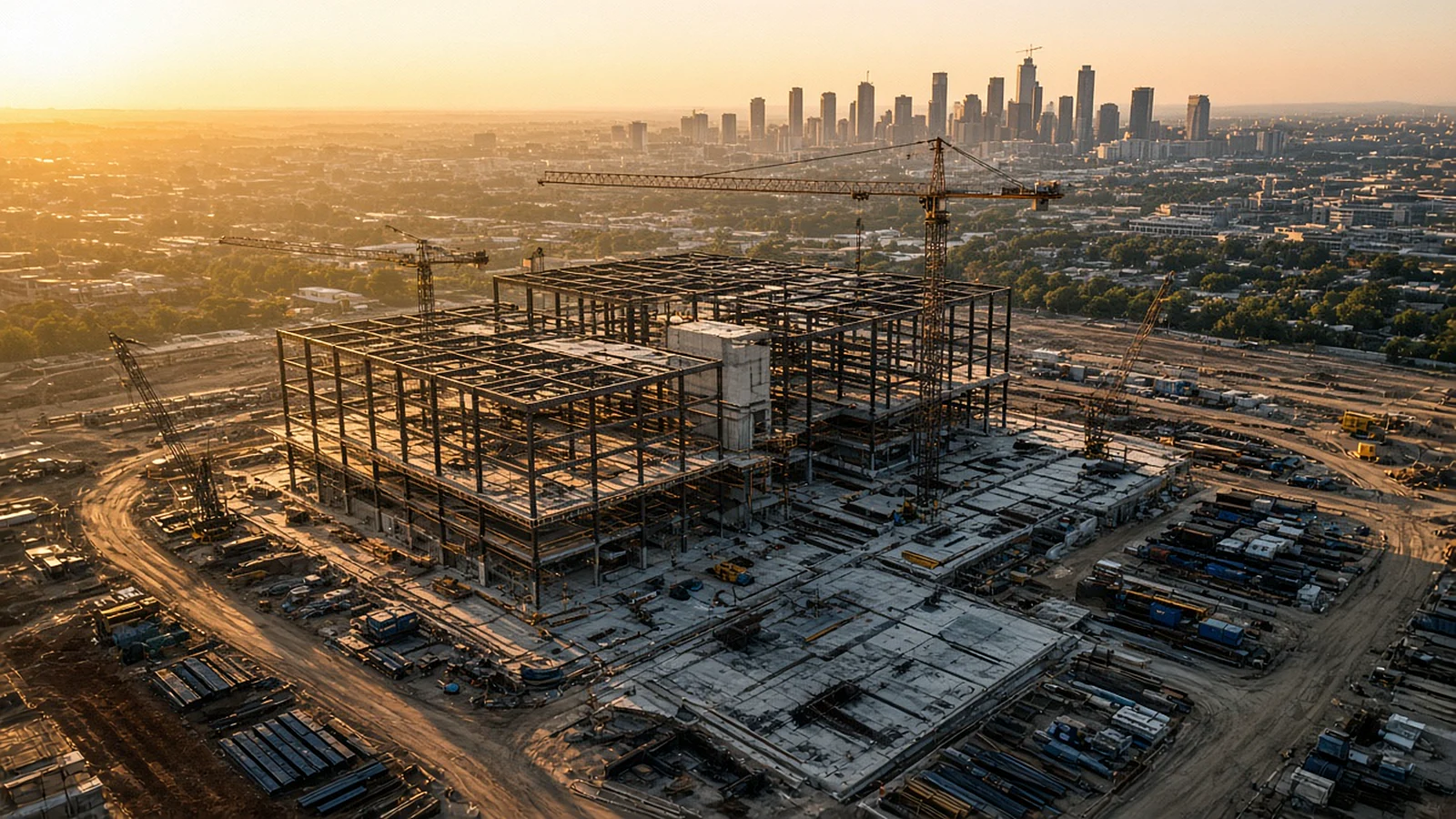 High aerial view at golden hour of a commercial construction site with a steel frame, cranes and a hazy skyline beyond