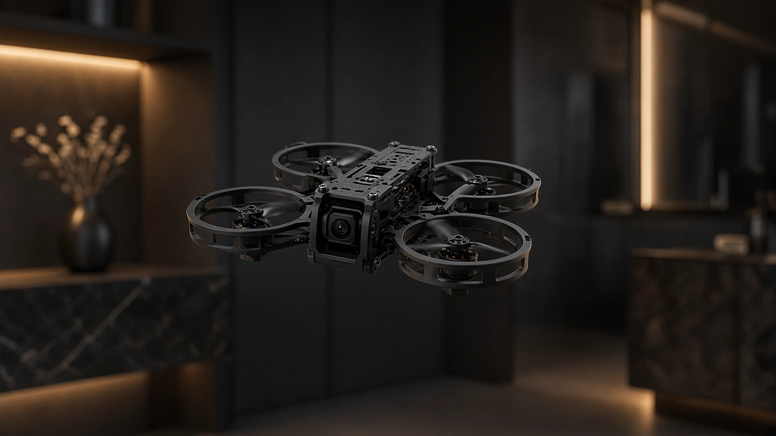 Small ducted FPV drone hovering in a softly lit modern interior with warm accent lighting