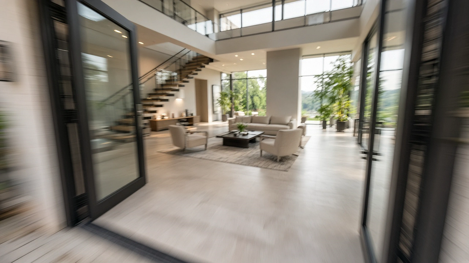 First-person view from a small drone gliding through open doors into a bright double-height living room
