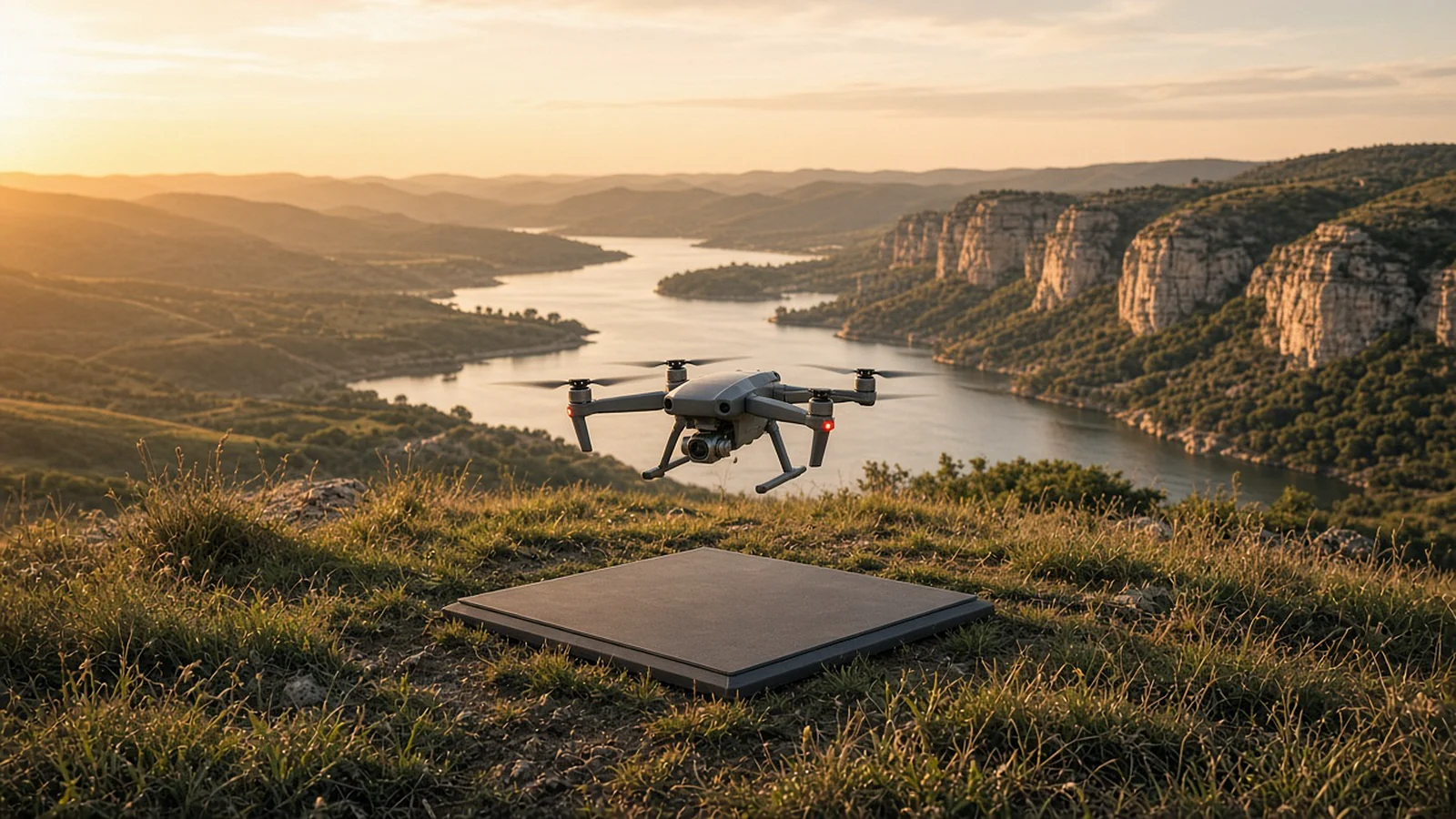 Professional quadcopter lifting off from a landing pad on a grassy hill above a Hill Country lake with limestone cliffs