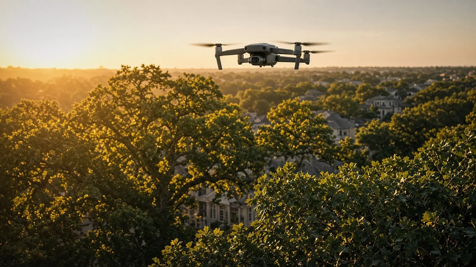 Illustrative golden-hour photo of a camera drone rising out of a canopy of oak trees in a Dallas neighborhood
