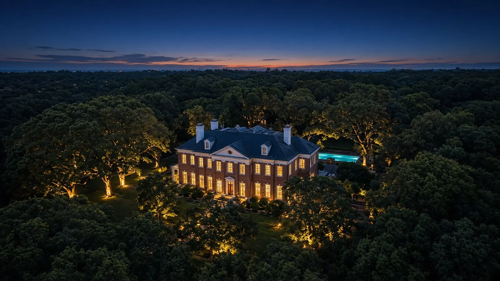 Illustrative blue-hour aerial of a brick estate with glowing windows inside a canopy of mature trees
