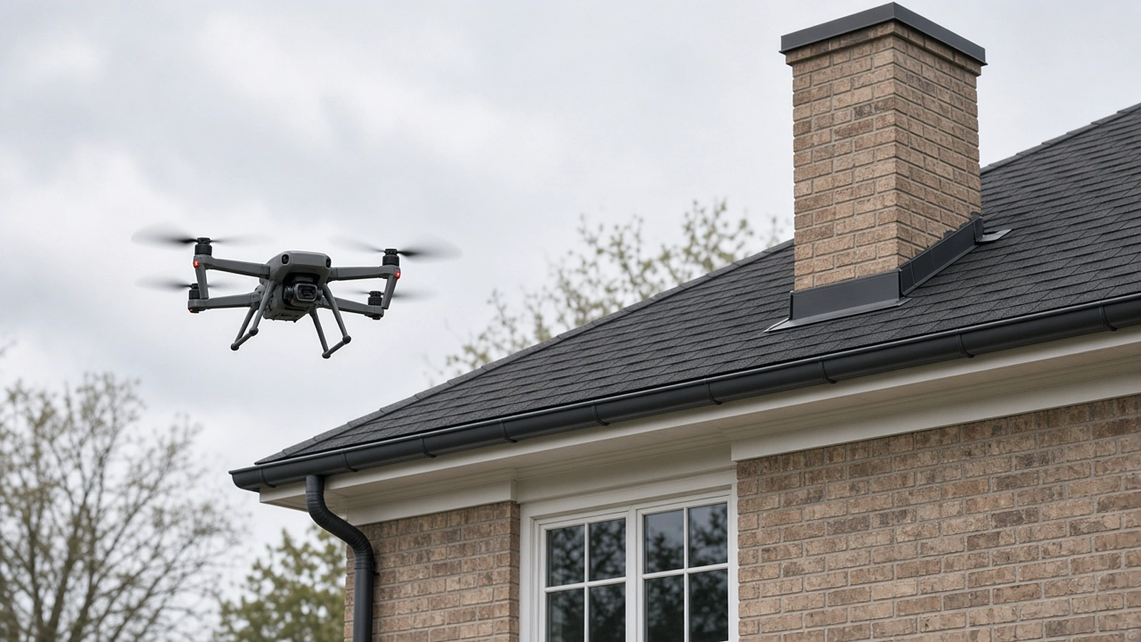 Professional drone hovering beside the roof edge and chimney of a two-story brick home under soft overcast light