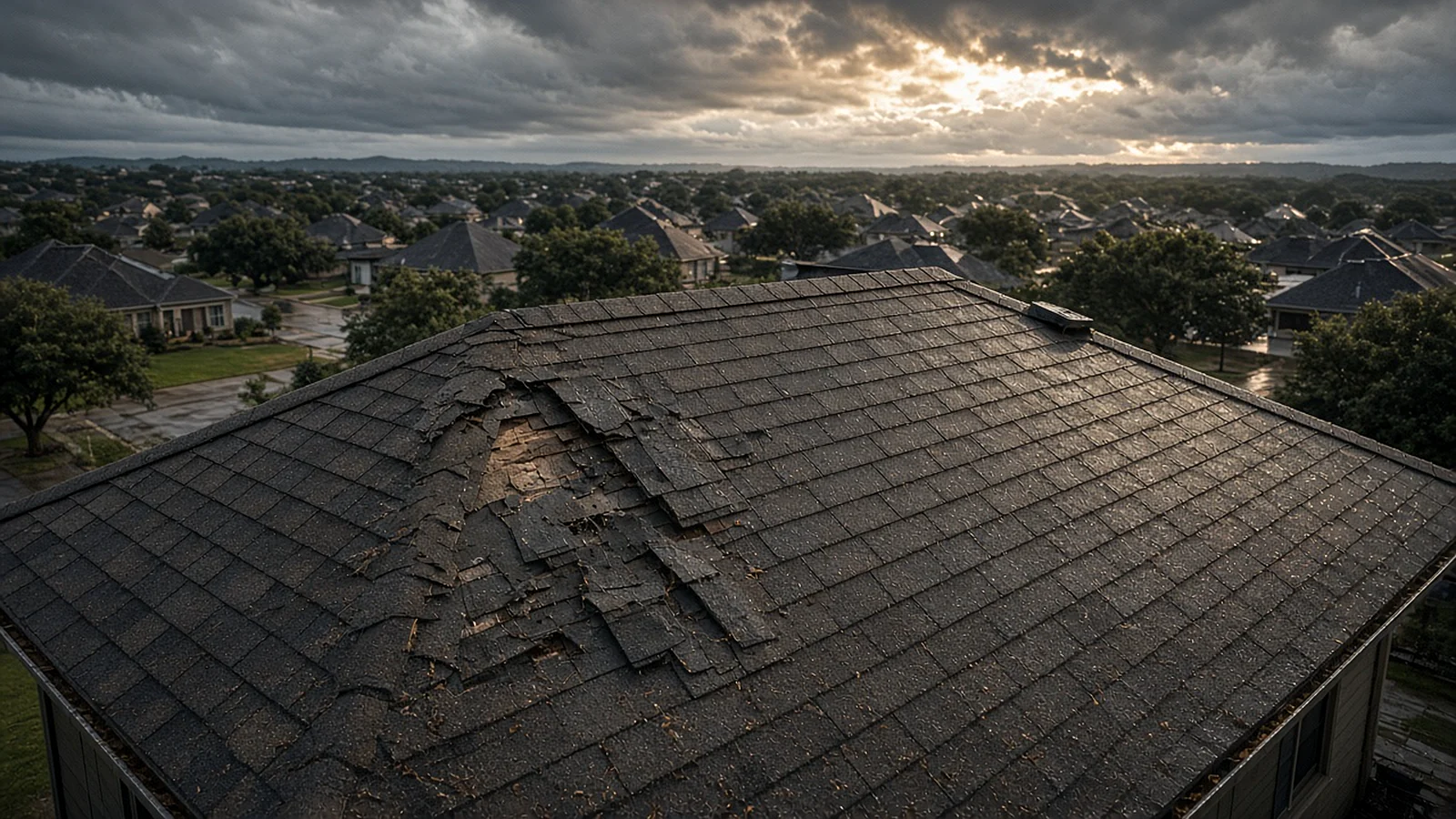 Close aerial view of a wet shingle roof with storm wear and missing shingles under clearing evening clouds