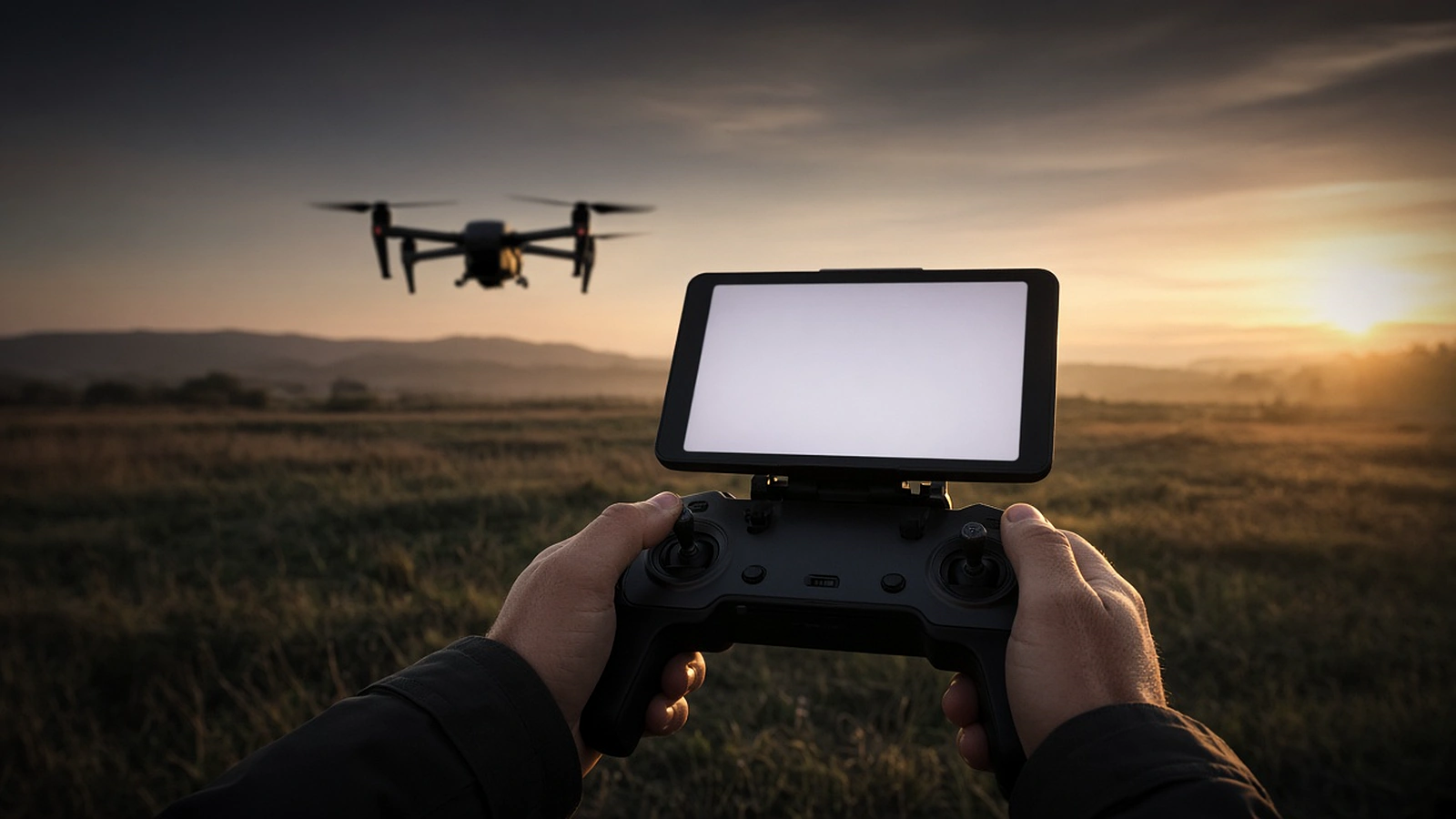 A drone pilot's hands holding a controller in a field at sunrise with a quadcopter hovering ahead