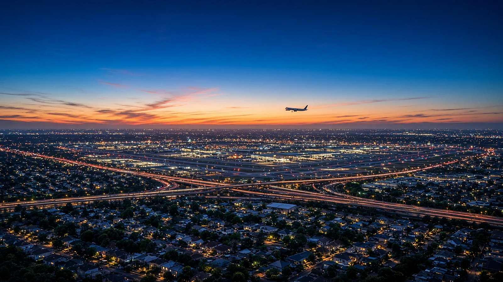 Aerial view at dusk of a lit airport in the distance with a jet on approach above suburban rooftops and highways