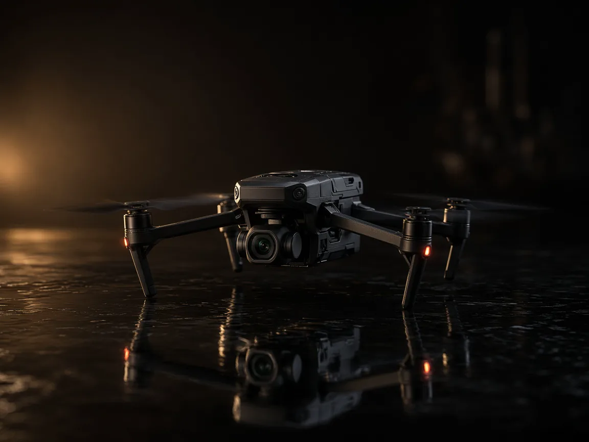 A professional black cinema drone hovering low in warm rim light