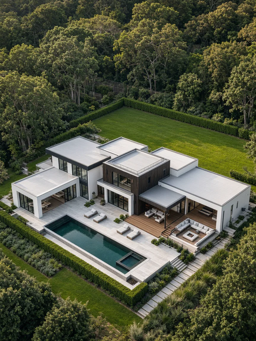 Aerial view of a contemporary home with pool and landscaped grounds in morning light