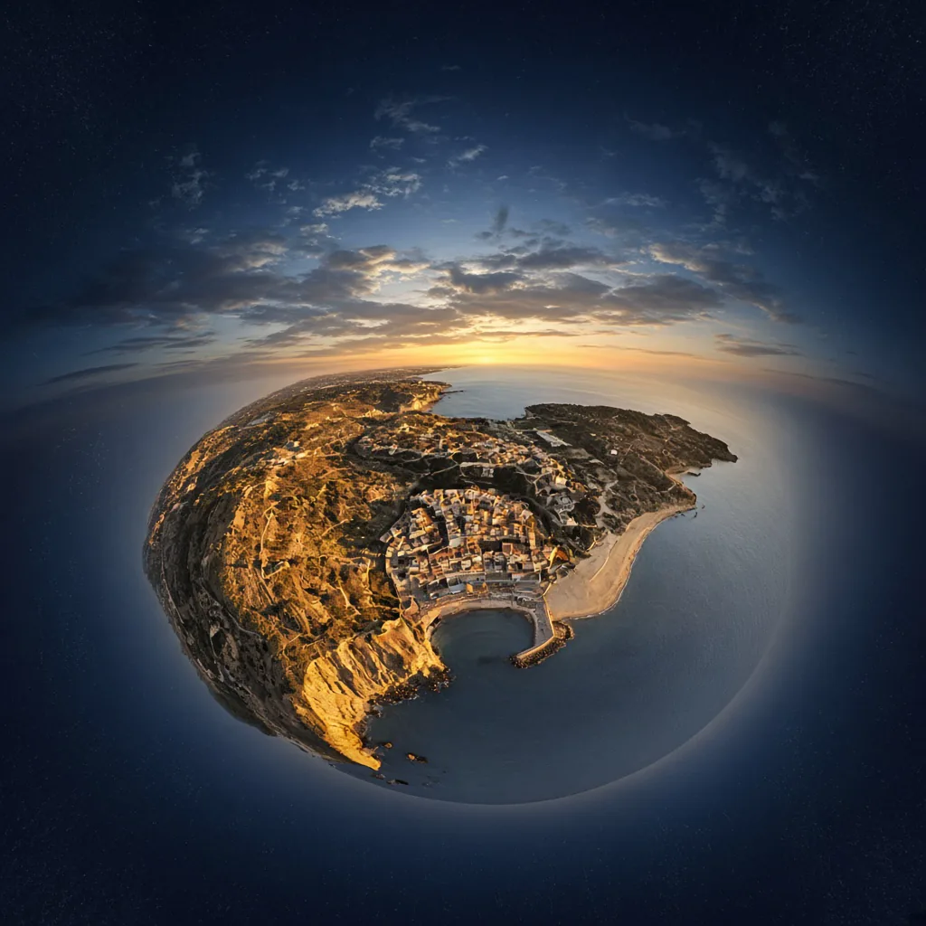 A coastal town and cliffs rendered as a spherical 360-degree aerial panorama at golden hour