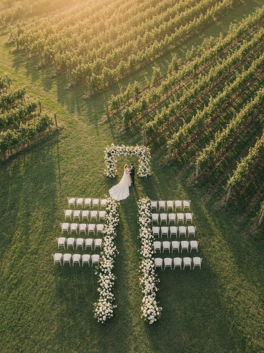 Top-down aerial view of a vineyard wedding ceremony at golden hour